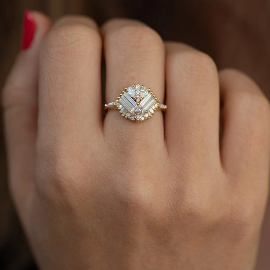 mirrored cluster ring with asscher cut diamond - made to order