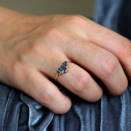blue sapphires baguette cut engagement ring - made to order