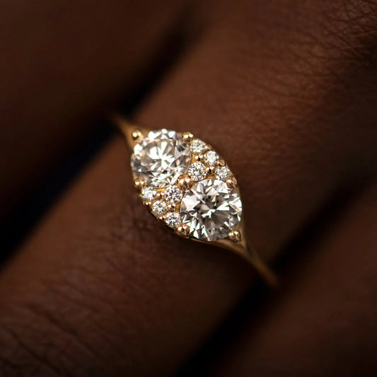 dual diamond engagement ring with a cluster of brilliant cut diamonds - made to order
