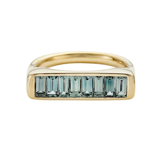 river bank statement ring with baguette cut teal sapphires - made to order