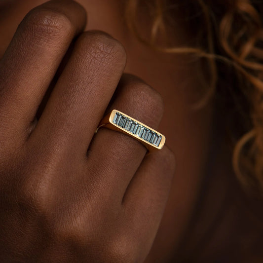 river bank statement ring with baguette cut teal sapphires - made to order