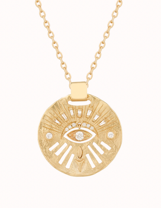 diamond dangling eye medal necklace