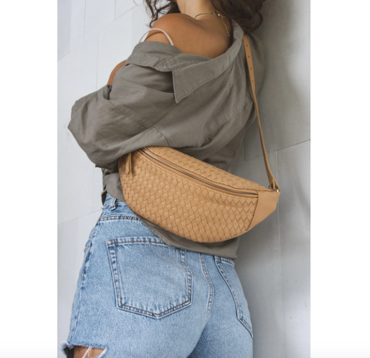 woven atlas fanny pack - sand