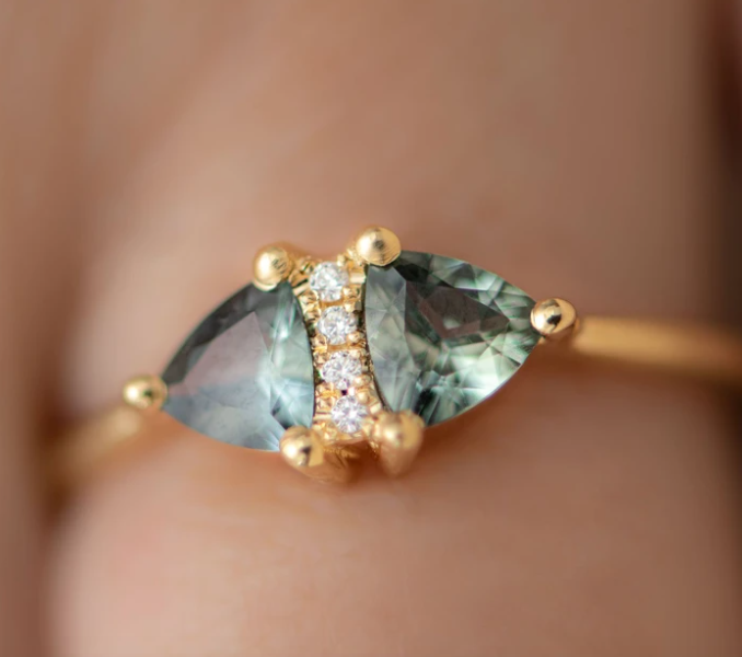 vintage style diamond ring w/ teal sapphire trillions