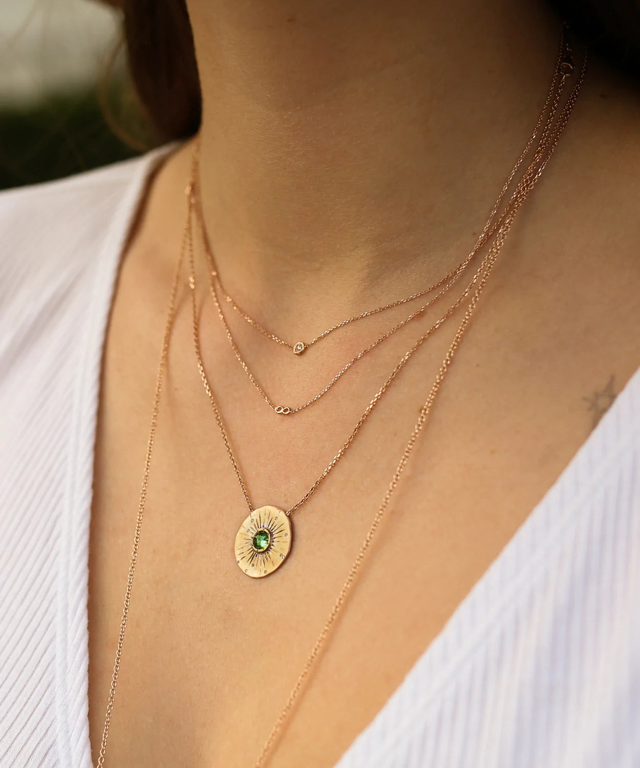 etched sea disc necklace - green tourmaline