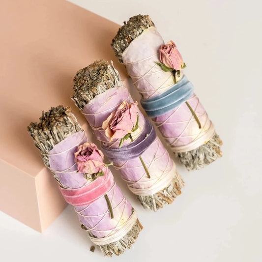 blue sage + roses smudge stick bundle